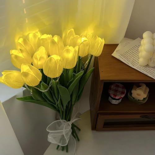 KINGCOO Künstliche Tulpen Blumen Set mit LED Leuchten Batteriebetrieben,Real Touch Tulip Bouquet für Hochzeit Zuhause Küche Garten Party Weihnachten Innen Außendekoration Geschenke (15PCS-Gelb)