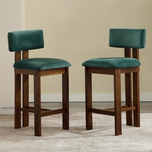 chairus Retro Barstühle 2er-Set, Holzrahmen, mit Leinen-Bezug, Grün | Vintage Barhocker mit weichem Leinenbezug, Walnuss-Holzbeinen und bequemer Rückenlehne, für Küche/Kücheninsel/Bar/Café