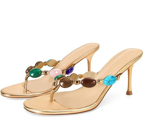 Wnshonzy Women's Strappy Heeled Sandals Jewelled Thong Flip-Flop Kitten Heels Slip On Pumps Stiletto Dressy Summer Mule High Heel Round Open Toe Fashion Vintage Bohemia Gold