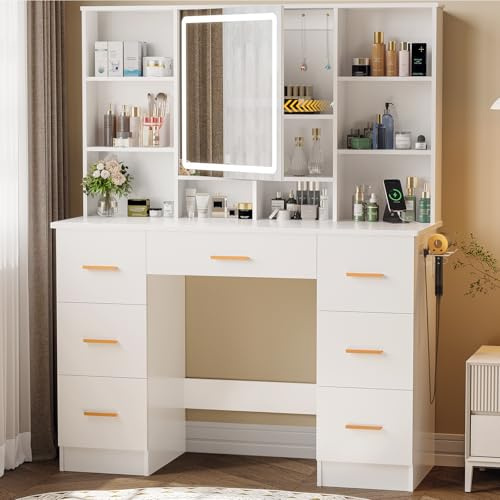Belife Schminktisch mit Spiegel und Beleuchtung, Großer Make Up Tisch mit 7 Schubladen, Öffnendem Spiegel & Steckdose, Kosmetiktisch mit 3 Lichtfarben für Schlafzimmer