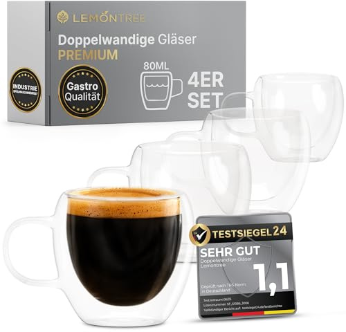 Lemontree Set di 4 tazze da caffè da 80 ml, lavabili in lavastoviglie a 180 gradi, resistenti al calore, qualità gastronomica, bicchieri a doppia parete con manico in vetro borosilicato, bicchieri da