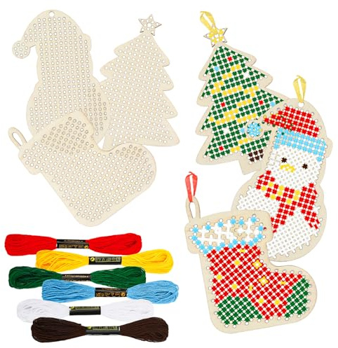 JSRQT 5 Stück Holz Kreuzstich Set Bastelset Weihnachten Sticken Wooden Cross Stitch Kits Holznähen Stick DIY Weihnachts Dekoration Stickbilder Knüpfstern Schneemann Weihnachtsbaum Schneeflocke