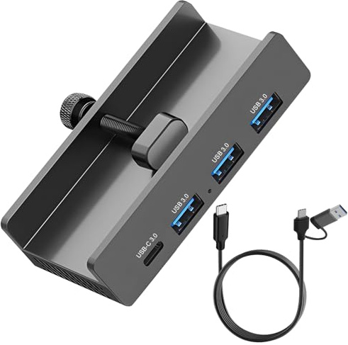 Hub USB 3.0 in Alluminio con Clip Regolabile, 4 Porte (3 USB-A 3.0 + 1 USB-C 3.0), Velocità 5Gbps, Alimentazione Esterna 5V, Cavo 2 in 1 USB-C su A/C da 1,5m, Hub Montabile per Monitor, Scrivania
