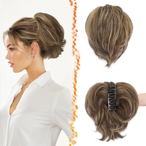 BARSDAR Kurze Haarteil mit Krallen Klemmer und Biegsamen Drähten, DIY 20 cm Echt Echthaar Mittleres Braun Blond Messy Dutt Pferdeschwanz Haarteile für Frauen Dicke Natürliche Echthaar Pferdeschwanz