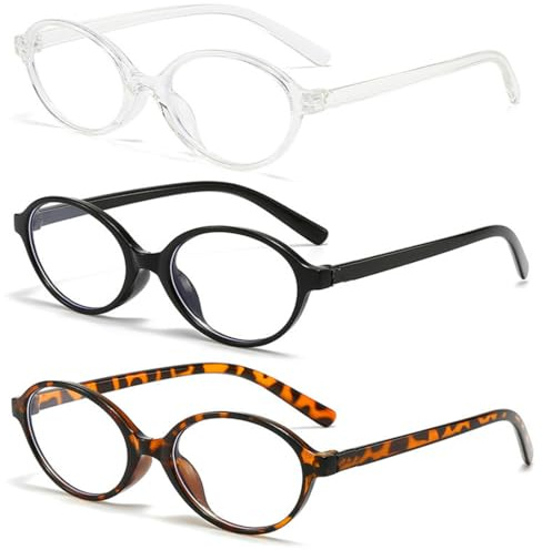 KEWUF 3 piezas de lectura para mujer, luz azul mujer, gafas ovaladas, antiblues, decorativas, sin dioptria, (patrón de leopardo, negro, transparente)