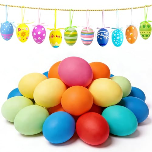 50 Stück Ostereier zum Aufhängen, Bunte Kunststoff Osterdeko Eier zum Bemalen Kinder mit Seil, 6 x 4cm Osterdeko in schönen Pastellfarben, Ostern Deko Ostereier Draußen und Innen Deko Geschenk (Bunte)