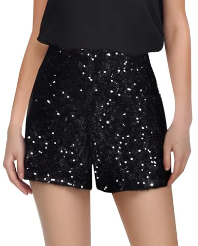Short Paillette Femme Noir Large Décontracté, Shorts et Bermudas Femme Éclatant Décontracté, Short Sequin Éclatant Confortable pour Sorties Informelles, Shorts Chic Taille Haute de Soirée Fete Club