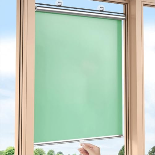 Green Suction Cup Roller Blind No Drilling Window Blind Sun Protection Blackout Thermal Retractable Curtains Privacy Screen and Anti-Uv Temporary Blinds for Balconies/Kitchen/Bathroom