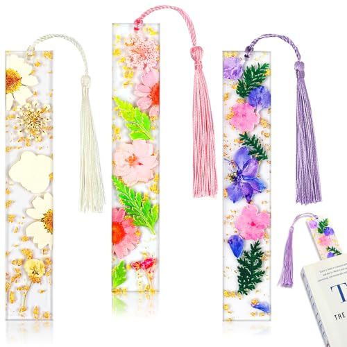 AUAUY 3 Stück Harz Lesezeichen, mit Quaste, Transparente, Rosa, Gelb, Lila | Lesezeichen Mädchen Gepresste, Blume Harz Florale Buch Seite, Buchseitenhalter Zubehör, für Leseliebhaber Studenten Lehrer