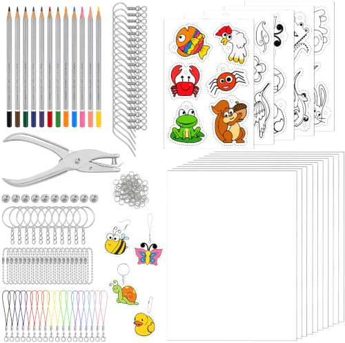 Schrumpffolie Set Bastelset mit 15 Blättern, Buntstiften, Zubehör für DIY | 0,3 mm starke,PVC-Folie. Perfekt für Schlüsselanhänger,Ohrringe und Schmuck. Enthält Locher, Ringe, Ketten, Haken DIY