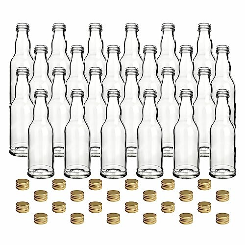 gouveo 24er Set Glasflaschen 200 ml (0,20 l) 200 ml Kropfhals Schraubverschluss PP 28 goldfarben, runde Klarglasflaschen zum Abfüllen & Aufbewahren von Likör, Sirup, Öl, Essig (FKT200G)