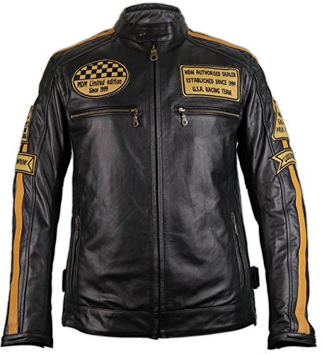 MDM Chaqueta de piel auténtica retro para motocicleta, negro y amarillo, XXXL