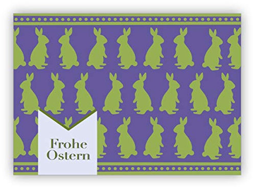 Grußkarten Set (10Stk) Retro Vintage Osterkarte mit Scherenschnitt Hasen: Frohe Ostern in grün lila- zum Osterfest • Klappkarten Set mit Umschlägen als Oster Gutschein, Geschenk-Karte