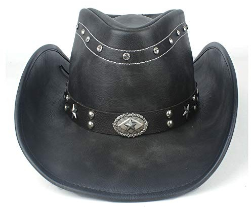 2019 Damen Westernhut / Cowboyhut für Damen, aus 100 % Leder, mit aufrollbarer Krempe, Punk-Gürtel, Jazz Sombrero Mütze, lässig, verstellbar, modisch, Leder, Schwarz , 58-59cm