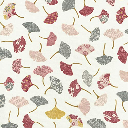 Textiles français Baumwollstoff | Ginkgoblätter Stoff - Grau, Rosa, Rot und Senfgelb (Grundfarbe: Cremeweiß) | 100% Baumwolle | Stoffbreite: 160 cm (pro Laufmeter)*