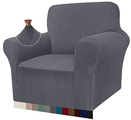 Granbest High Stretch Armchair Covers Super Soft Chair Covers for Living Room Jacquard Sofa Cover for Dogs Non Slip Chair Slipcover with Arms Furniture Protector (1 Seater, Gray)