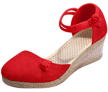 Sandales Femmes Rétro Lin Toile Wedge Bout Rond Casual Singles Chaussures (38,Rouge)