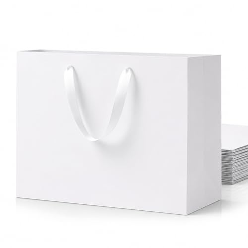 SHIPKEY 10er-Pack Weiße Geschenktüten (40x15x30 cm) Extra große Geschenktüten | Luxuriöse weiße Papiertüten mit Henkeln, Krafttüten, Perfekt für Geburtstagsfeiern, Hochzeiten