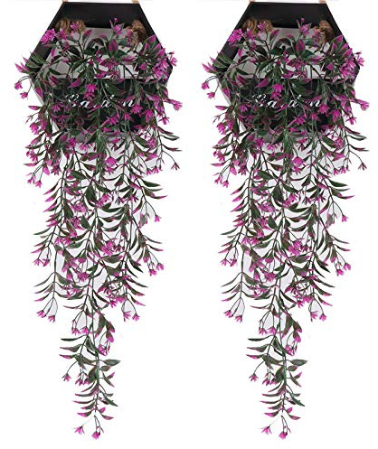 Eyand 2Pcs Artificial Hanging Plants - Rose Red Artificial wall plants, Fake Ivy Vine for Wall Home Porch Garden Wedding Garland Outside Hanging Decoration (No Basket)