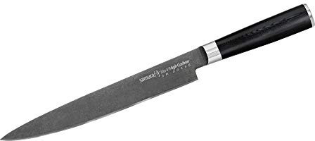 Samura MO-V Stonewash - Coltello da intaglio professionale, ultra affilato, grande, giapponese, in acciaio inox, lama da 23 cm con manico in carbonio G10, coltello da chef per sfilettare
