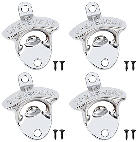 Wandmontage Bieröffner, 4 Stück Vintage-Stil Flaschenöffner Wand mit Schrauben, Öffnen von Bier- und Sodaflaschen für Party Bars, Restaurants, Cafés, Zuhause, Küchen (Silber)