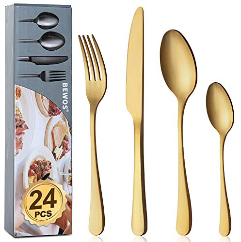 BEWOS 24-dels bestickssätt, matt gyllene ätbestickssätt för 6 personer, rostfritt stål bestick med spegelpolering, kniv, vinge och skedssätt, diskmaskinssäker