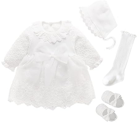 foohinck Newborn Baby Girl Dress 0 3 6 Months Infant Pink White Baptism Outfit Party Dresses Hat Shoes Set, White 2, 3 Months