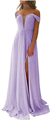 N/ C Fuera del hombro largo vestidos de dama de honor con hendidura gasa una línea plisada vestidos de baile con bolsillos C012, Lila, 22 Más