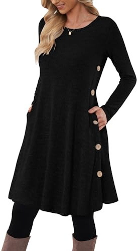 MOLERANI Robe Pull Femme Manches Longues Robe Tunique Décontractée Boutonnée avec Poches Noir XXL