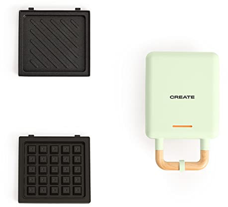 CREATE/STONE STUDIO/Sandwichera-Grill y gofrera individual verde pastel / 2 placas intercambiables: Sandwich y Gofre, antiadherente, 1 rebanada, apertura 100º, autoapagado, asa tacto frío, 600W
