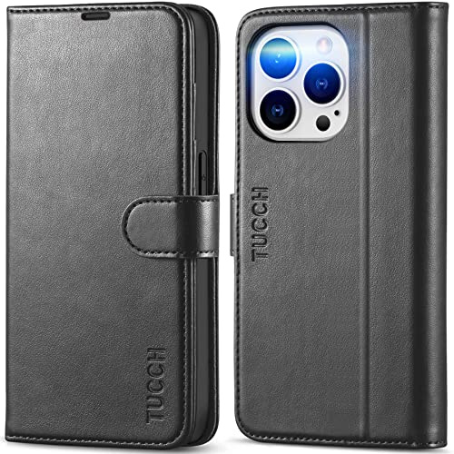 TUCCH Handyhülle für iPhone 14 Pro Hülle 2022 (6,1 Zoll), Schwarz | RFID Blocker, Lederhülle Kunstleder, TPU, Kartenfächer, Standfunktion, Magnet, Stoßfeste Schutzhülle, Bookcase