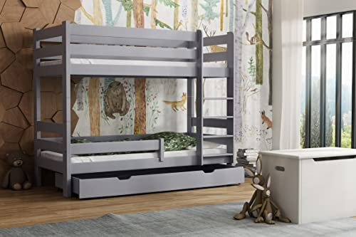 ahoj baby Etagenbett für Kinder mit Schublade, Montessori-Hausbett, Holzhausbett, handgefertigtes Bett für Kleinkind, Kinderhausbett, Holzhausbett (grau, 80x180)