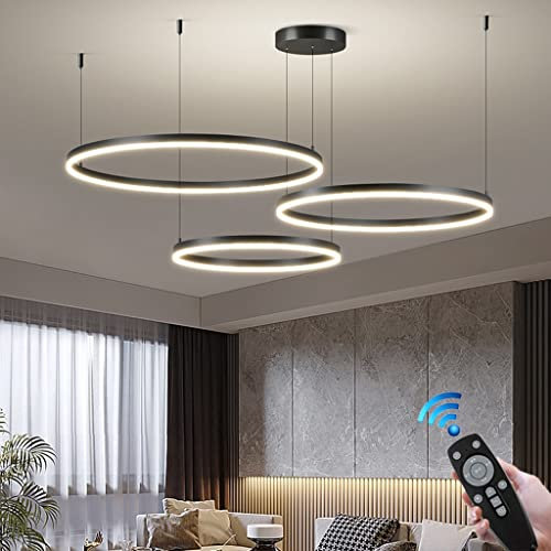 Pendelleuchte Modern Ring LED Dimmbar Wohnzimmer Kronleuchter Mit Fernbedienung Schick Hängeleuchte Schlafzimmer Salon Esszimmer Leuchter Verstellbare Höhe Kombination Hängelampe(Color:Schwarz,Größe:6