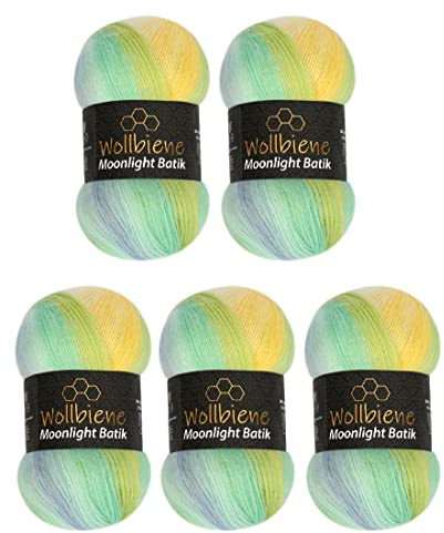 Wollbiene Moonlight Batik Strickwolle 500g - 5 x 100g zum Stricken und Häkeln - 20% türkische Farbverlaufswolle (3070 Gelbtürkisblau)