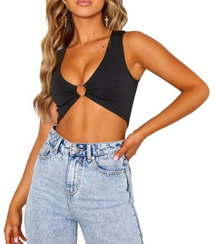 QKEPCY Mujer Camiseta Sexy Crop Top Elástico Manga Corta Verano Casual sin Mangas T-Shirt Y2K Tops Cut out Streetwear Informal (Negro S)