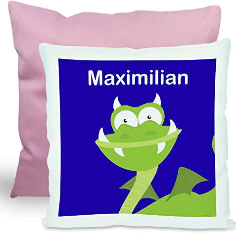 CreaDesign, Kinder Kissen 40x40 cm personalisiert mit Namen, Kinderzimmer Deko Kissen Kinder mit Füllung Federn, Motiv Drache, Rückenfarbe Rosa