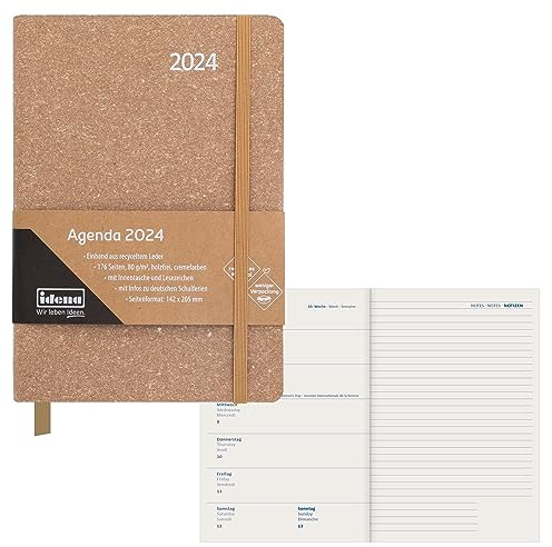 Idena 11069 - Terminkalender 2024, DIN A5, 176 Seiten, braun, 1 Woche auf 1 Seite, Agenda, Wochenplaner, Einband aus recyceltem Leder