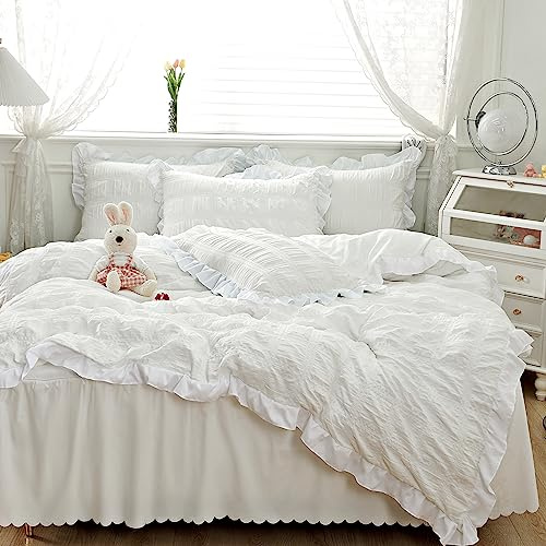 GETIYA Aesthetic Seersucker Bettwäsche 200x220 Weiß Bettwäsche Einfarbig Mädchen Damen Bettwäsche mit Rüschen Weiß Seersucker Bettbezug Unifarben Mikrofaser Bettwaesche mit 2 Kissenbezug 80x80