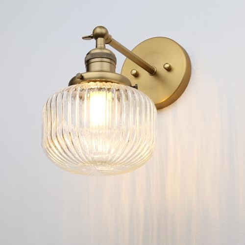 JIMUBEAM Industrial Vintage Wall Sconce 1-Light with Clear Striped Glass Globe Shade Indoor Wall Mounted Lamp Fixture (Antique)