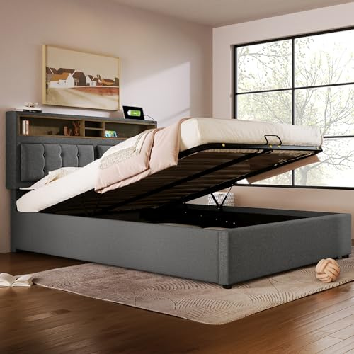 Merax Polsterbett 140x200cm mit USB C Steckdose, Hydraulisches Doppelbett mit Lattenrost & Verstellbares Stauraum Kopfteil, Funktionsbett, Bettgestell mit Bettkasten, Leinen, Ohne Matratze, Grau