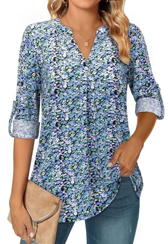 Amrto Longbluse pour femme - Manches 3/4 - Col en V - Tunique élégante - Manches longues - Décontracté - Haut ample - Chemisier à manches longues - Chemise à boutons - Tenue professionnelle pour le
