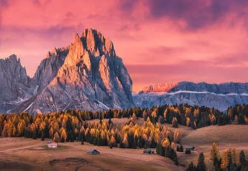 adrium Holz-Bild 90 x 60 cm: Wunderschöne Berge mit beleuchteten Gipfeln und rotem Himmel bei Sonnenuntergang. Herbstlandschaft mit kleinen Holzhäusern, (155421488)