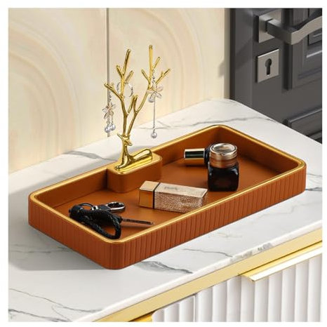 XUEMML Taschenleerer Leder Rechteckig, Badezimmer-Schrank-Platten, PU-Leder-Schrank-Schmuckstück Ringe, Geschirrspülbecken, Umfasst Box-Schalen-Rahmen (Color : Orange)