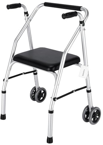 FUSHIDE Standard Walker,Aluminum Folding Lightweight Walkers with Seat Support up to 300lbs,Adjustable Height with 5-inches, 2-Wheels Narrow Walkers for Seniors&Handicapped,Black,YMX8236XC