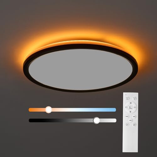 MOSSCO Plafón LED regulable 24W, lámpara de techo con mando a distancia, luz nocturna 1800K cálida 6W, regulable 3000K-6500K para dormitorio, negro - 29 x 2,8 cm
