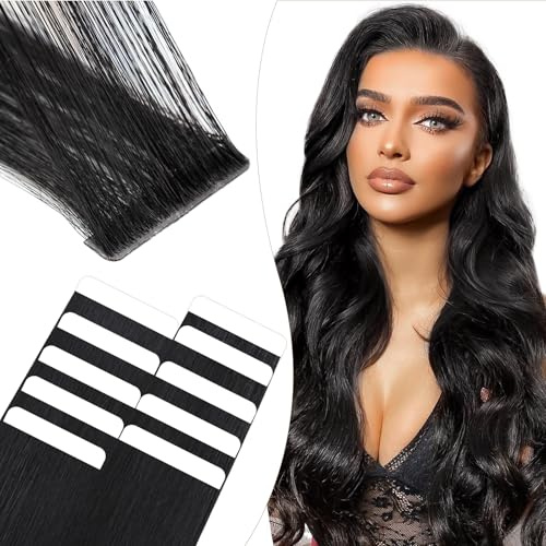 Elailite Tape Extensions Echthaar #1 Schwarz, 10 Stück Unsichtbar Kleber Haarverlängerungen 20g, 25cm Genähtes Haar Glattes Invisible