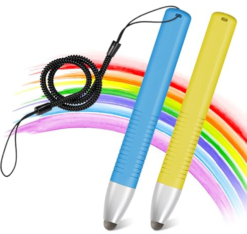 2pcs Kid-Friendly Stylus Pens for Touch Screens, Tablet Stylus Pen with Spring Cord Universal Touch Screen Capacitive Crayon Stylus Blue Yellow