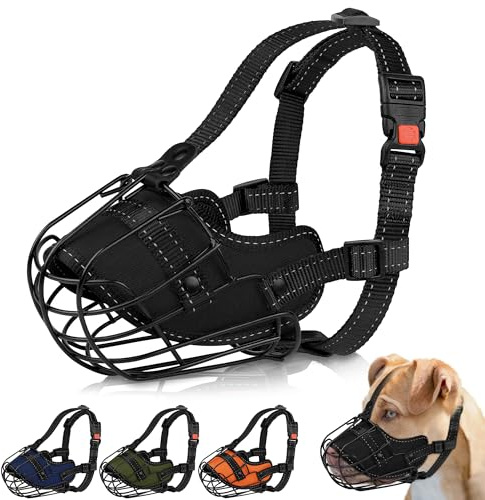 OOPSDOGGY Pitbull Maulkorb für Hunde, reflektierende Metallmaske mit Drahtkorb für große Hunde, weicher Käfigmaulkorb, um Beißen und Kauen zu verhindern, verstellbare Nylonbänder (Schwarz)