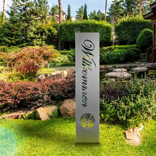 gardivo Gartendeko Willkommensschild für Außenbereich 115cm 3 Farben Verschiedene Muster in den Boden stecken Schild Metall Rost Anthrazit mehr (Edelstahl, Natur)