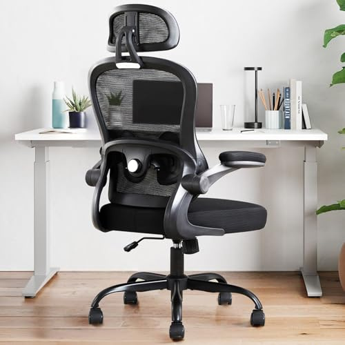 TUKAKA - Silla ergonómica de oficina, ultra gruesa, con soporte lumbar ajustable y reposacabezas, cojín de resorte, función de balanceo, brazos abatibles, silla de computadora de malla para oficina en